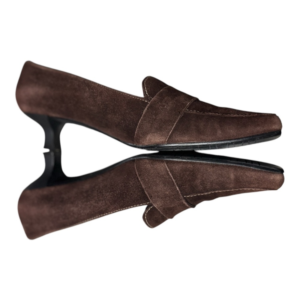 Stuart Weitzman Brown Suede Loafers Silver Buckle Kitten Heel Pumps Size 7.5 M - Picture 7 of 14